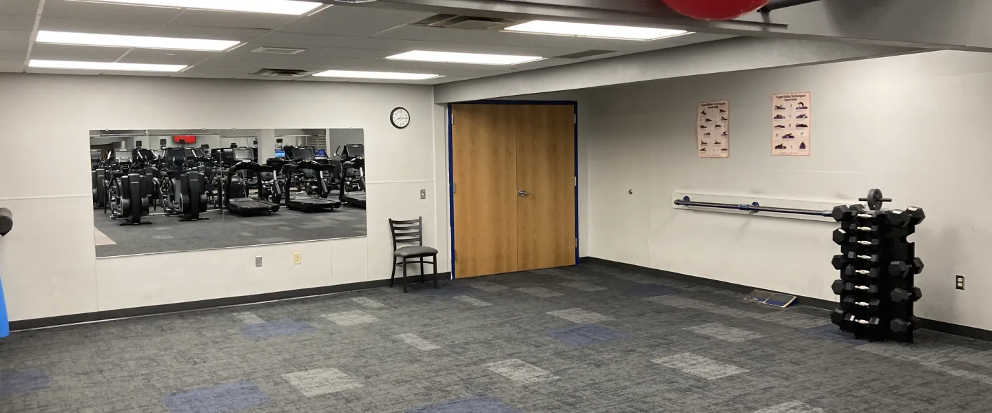 Fitness center with exercise equipment in a mirror, large exercise balls, weights, and carpeted flooring; chair near the door.
