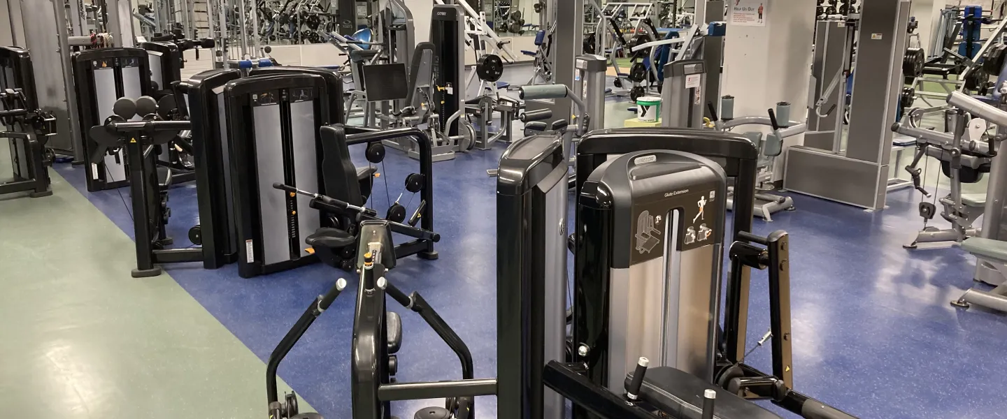 A spacious fitness center featuring multiple exercise machines arranged on green and blue flooring, under bright lights. Mirrors line the far wall.
